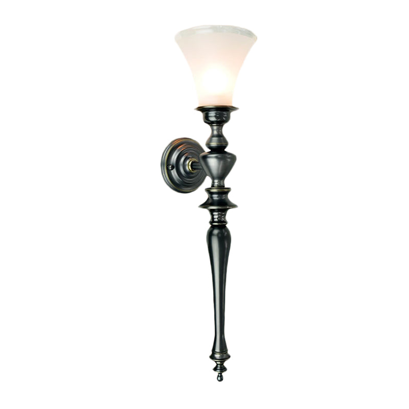 Vintage Black Wall Mount Sconce Light Fixture With Tapered Milky Glass Bulb