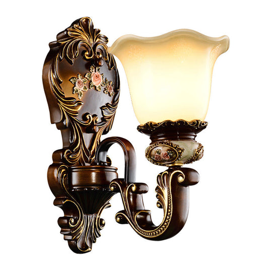 Frosted Glass Bloom Wall Sconce Light Fixture For Bedroom - Brown 1/2 Heads Countryside Lighting