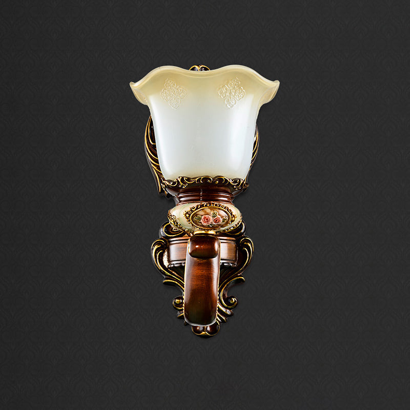 Frosted Glass Bloom Wall Sconce Light Fixture For Bedroom - Brown 1/2 Heads Countryside Lighting