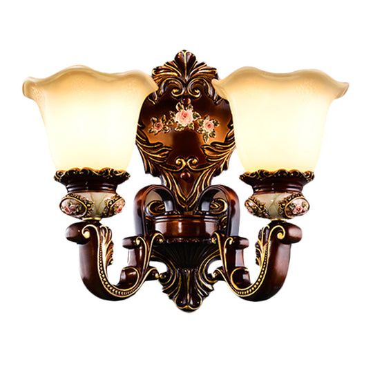 Frosted Glass Bloom Wall Sconce Light Fixture For Bedroom - Brown 1/2 Heads Countryside Lighting