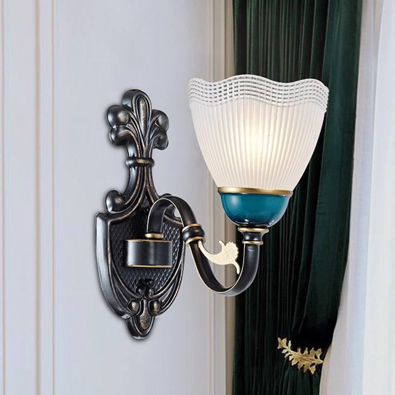 Traditional Wall Mount Sconce Lamp With Ribbed Glass And Curvy Arm Design 1 / Black