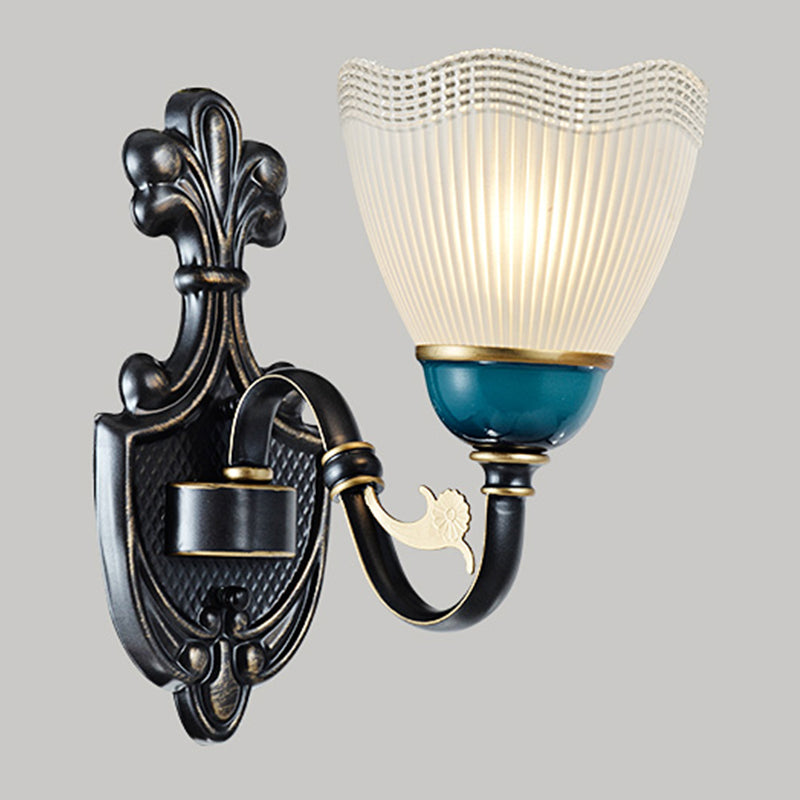 Traditional Wall Mount Sconce Lamp With Ribbed Glass And Curvy Arm Design