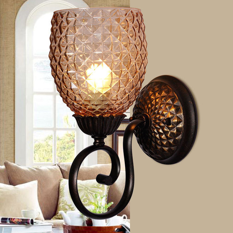 Dome Glass Sconce Light Fixture - Classic 1-Bulb Wall Lamp For Living Room With Scrolled Arm In