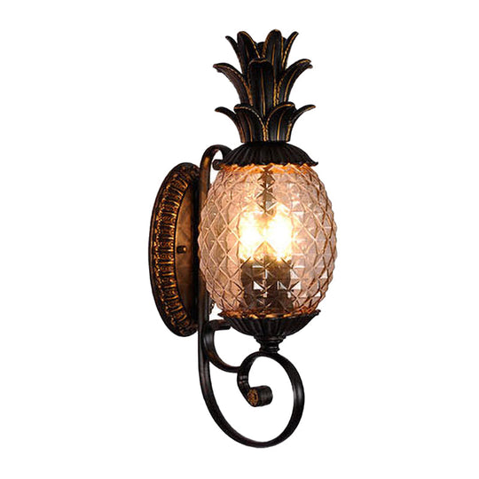 Vintage Pineapple Glass Wall Sconce With Swirled Arm - Black 3-Light Mount