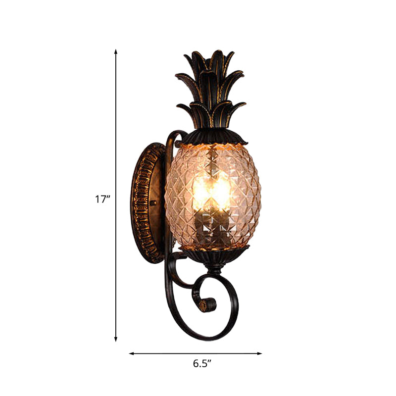 Vintage Pineapple Glass Wall Sconce With Swirled Arm - Black 3-Light Mount