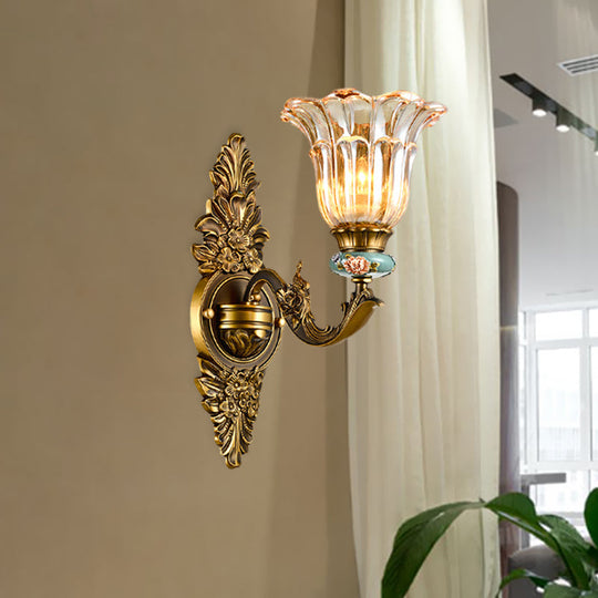 Vintage Ribbed Glass Flower Wall Sconce With Brass 1/2 Heads: Retro Style Mount Lamp