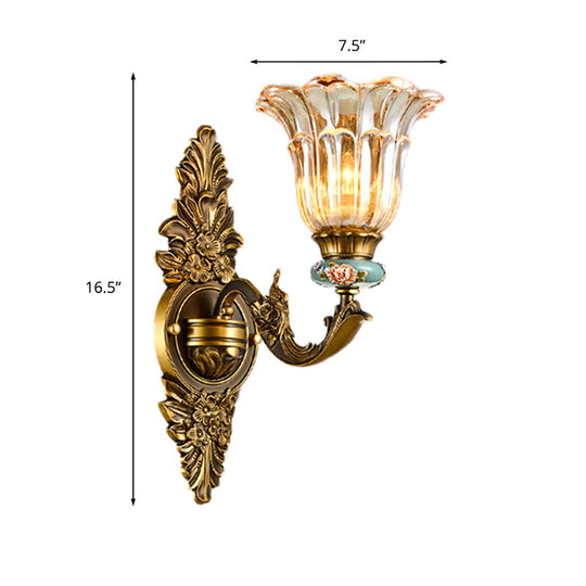 Vintage Ribbed Glass Flower Wall Sconce With Brass 1/2 Heads: Retro Style Mount Lamp