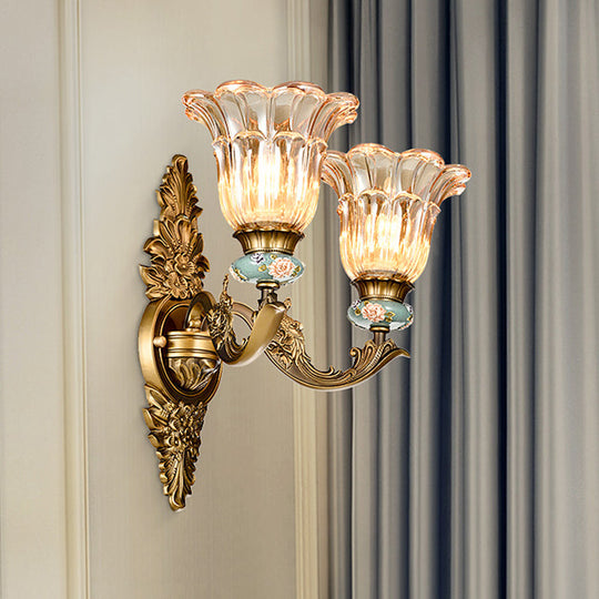 Vintage Ribbed Glass Flower Wall Sconce With Brass 1/2 Heads: Retro Style Mount Lamp 2 /