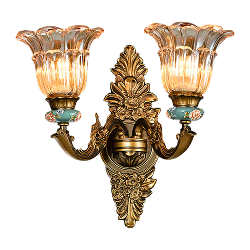 Vintage Ribbed Glass Flower Wall Sconce With Brass 1/2 Heads: Retro Style Mount Lamp