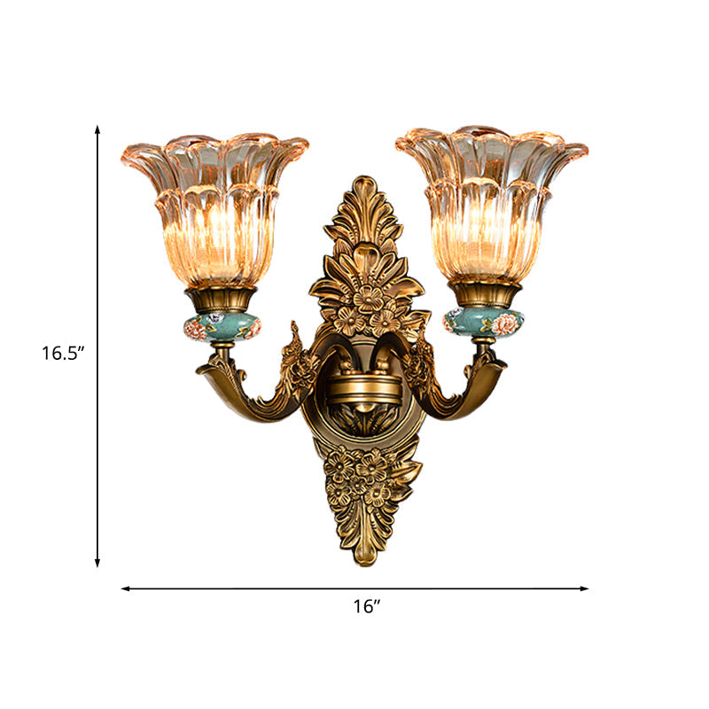 Vintage Ribbed Glass Flower Wall Sconce With Brass 1/2 Heads: Retro Style Mount Lamp