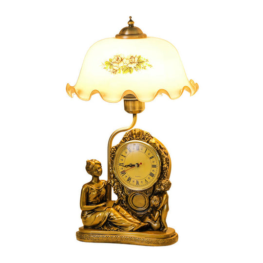 Vintage Brass Scalloped Table Lamp With Opaline Glass Bowl - Book Light Clock And Woman Deco