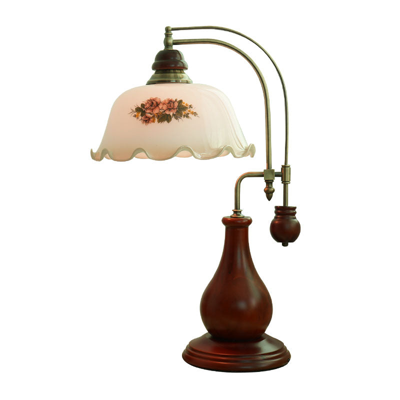 Semi-Sphere Glass Pleated Desk Lamp - Retro Vase Design Brown Finish Bedroom & Reading Light With