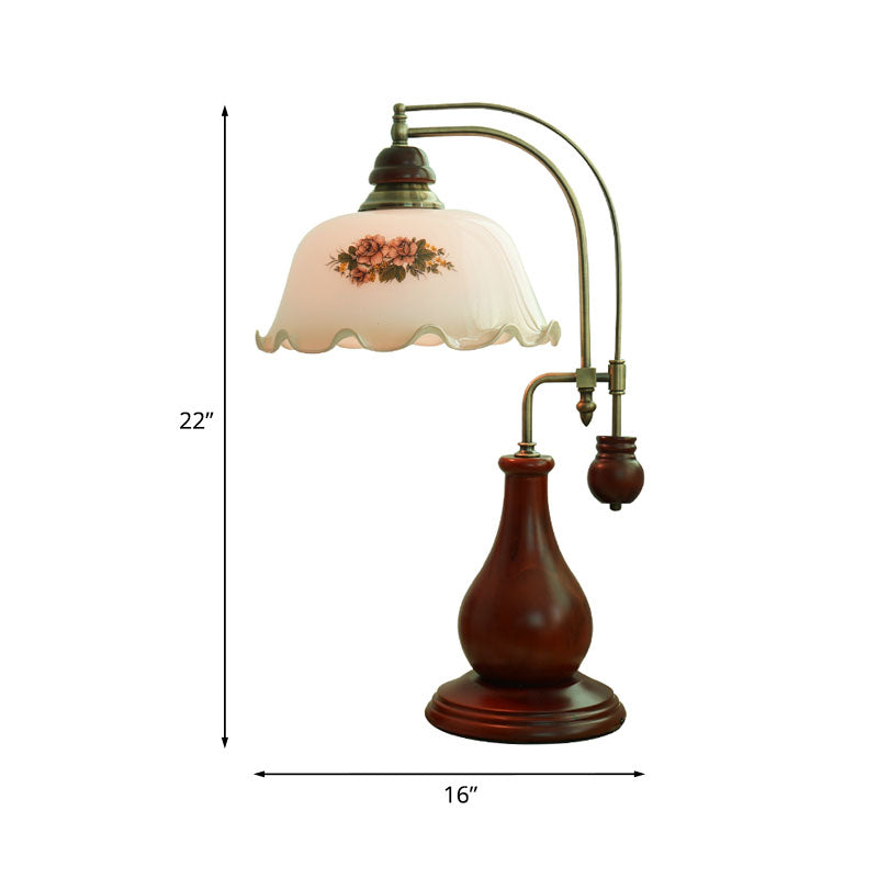 Semi-Sphere Glass Pleated Desk Lamp - Retro Vase Design Brown Finish Bedroom & Reading Light With