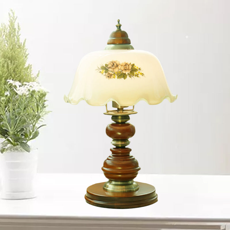 Opal Glass Brown Scalloped Table Lamp With Baluster Design - Classic 1-Bulb Book Reading Light