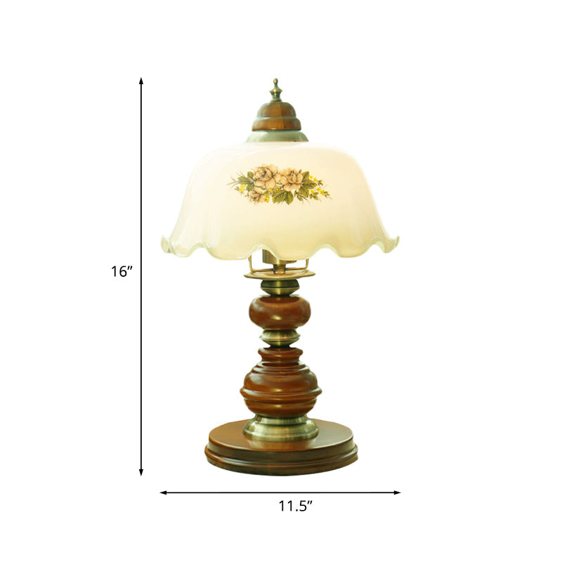 Opal Glass Brown Scalloped Table Lamp With Baluster Design - Classic 1-Bulb Book Reading Light