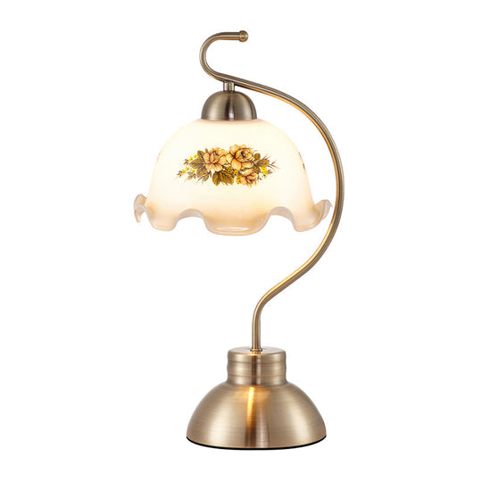 Traditional Brushed Brass 1-Head Night Light With Scalloped Milky Glass Ideal For Study Room