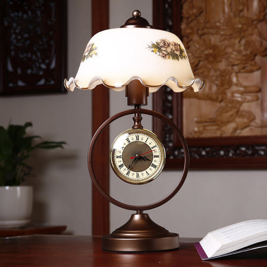 Nicole - Vintage Rust 1 Head Pleated Table Light Vintage Opaline Glass Dome Reading Book Lamp with Ring and Clock