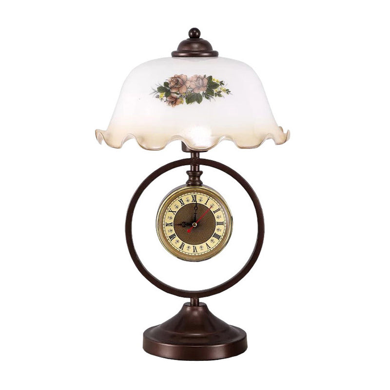 Nicole - Vintage Rust 1 Head Pleated Table Light Vintage Opaline Glass Dome Reading Book Lamp with Ring and Clock