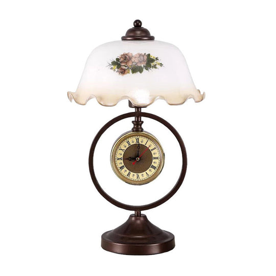 Nicole - Vintage Rust 1 Head Pleated Table Light Vintage Opaline Glass Dome Reading Book Lamp with Ring and Clock