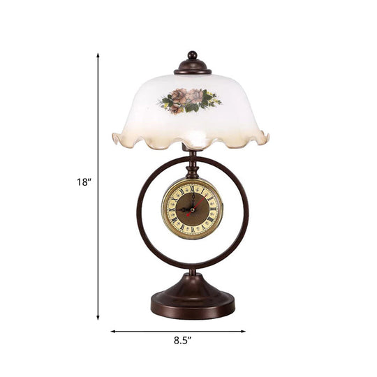 Nicole - Vintage Rust 1 Head Pleated Table Light Vintage Opaline Glass Dome Reading Book Lamp with Ring and Clock