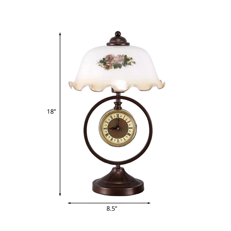 Vintage Opaline Glass Dome Table Lamp With Rustic Design & Clock