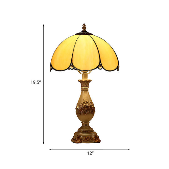 Scalloped Glass Night Lamp With Carved Vase Pedestal - Classic Beige Bedroom Reading Light