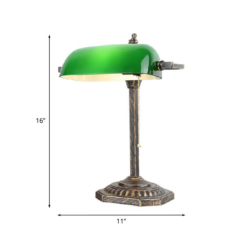 Traditional Green Glass Bronze Nightstand Lamp With Pull Chain - Perfect For Bedroom Reading