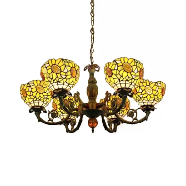 Multicolor Tiffany Style Chandelier for Dining Room: 6-Light Art Glass Pendant Ceiling Lamp with Adjustable Chain