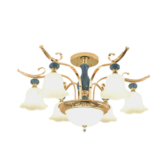 Traditional Gold 6-Bulb Semi Flush Mount Chandelier with Opal White Glass Shade