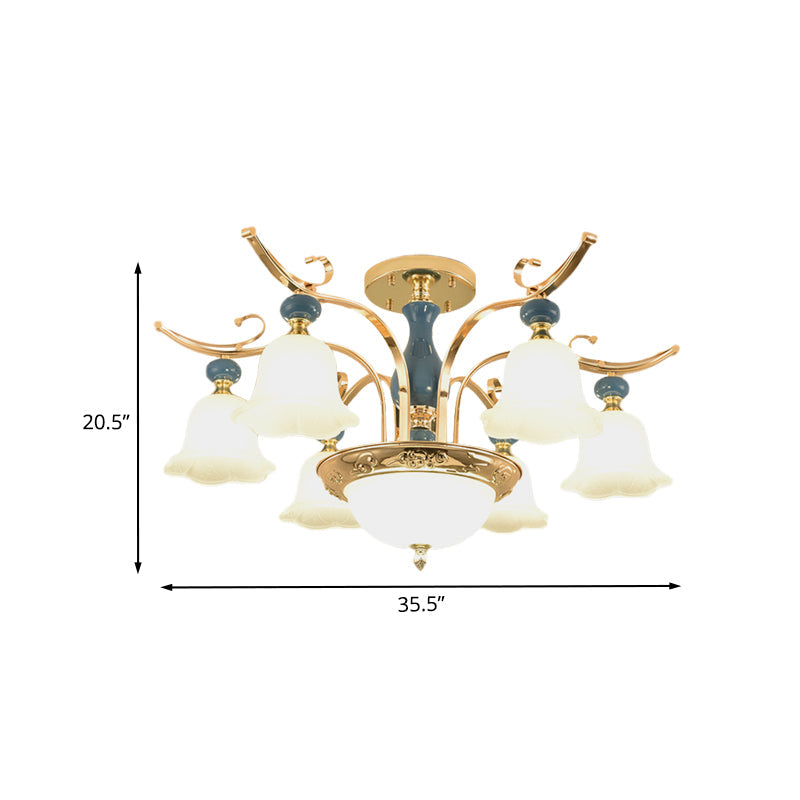 Traditional Gold 6-Bulb Semi Flush Mount Chandelier with Opal White Glass Shade