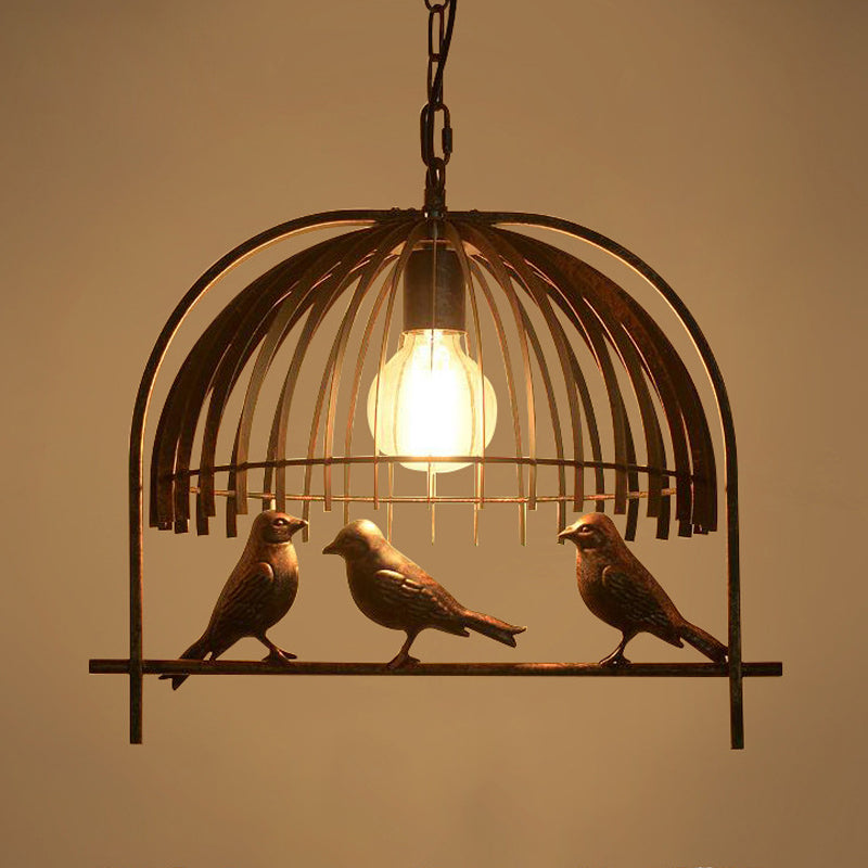 Bird-Decorated Cage Style Ceiling Light: Single Head Countryside Hanging Lamp Kit In Bronze