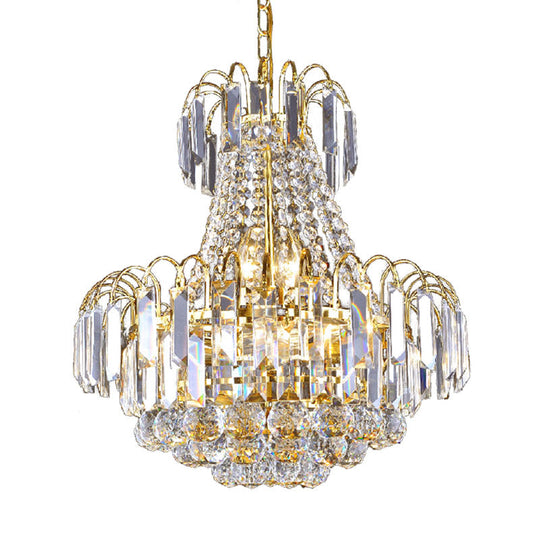 Contemporary Crystal Chandelier With 6 Gold Lights - Flute Conic Pendulum Design