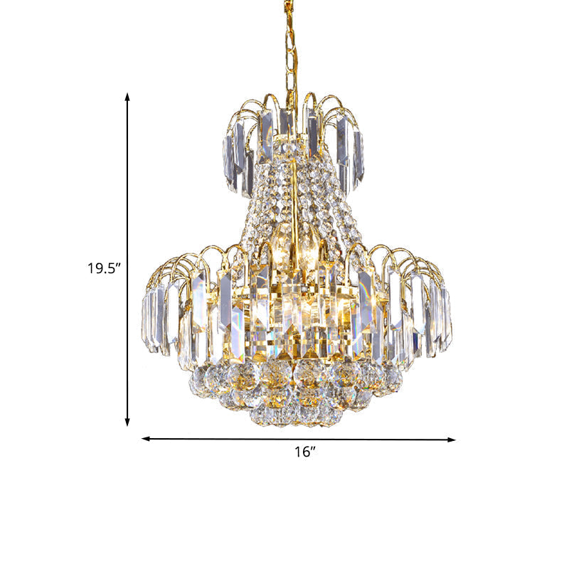 Contemporary Crystal Chandelier With 6 Gold Lights - Flute Conic Pendulum Design