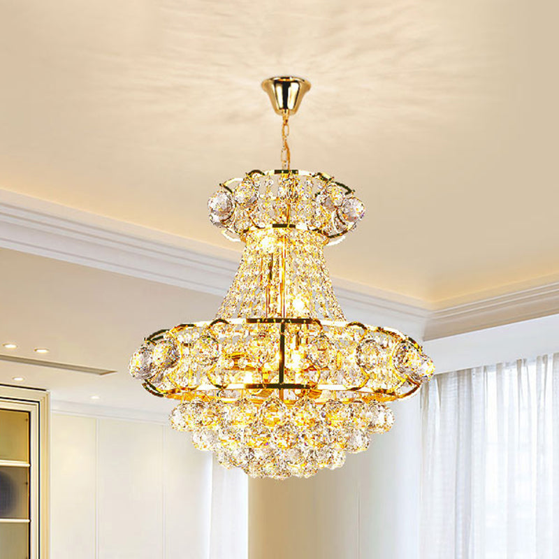 Gold Crystal Raindrop Tapered Ceiling Light - Elegant 6-Head Pendant Chandelier For Guest Room