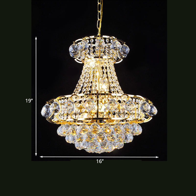 Gold Crystal Raindrop Tapered Ceiling Light - Elegant 6-Head Pendant Chandelier For Guest Room