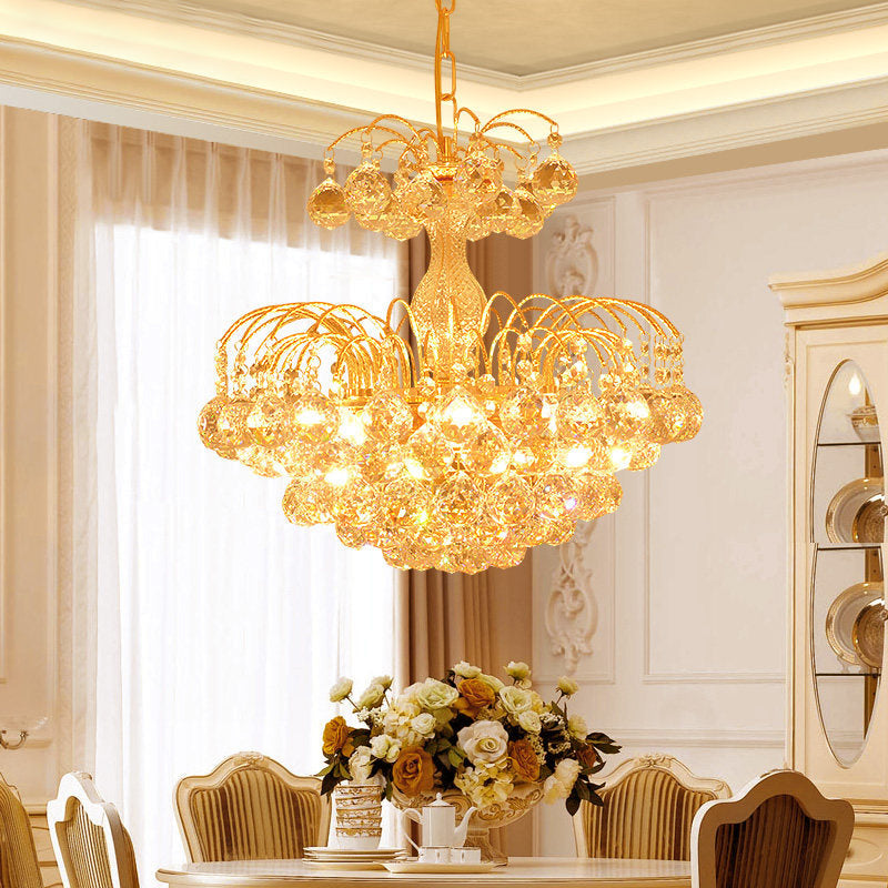 European Conic 6-Light Chandelier: Gold Suspension Pendant With Crystal Bead Accents