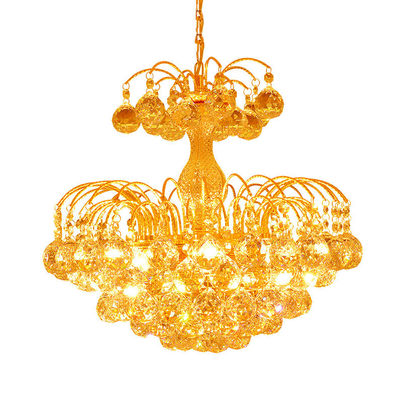 European Conic 6-Light Chandelier: Gold Suspension Pendant With Crystal Bead Accents