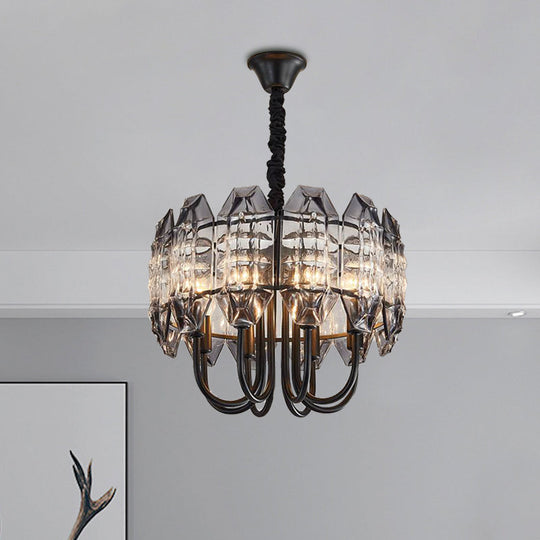 Nordic Black Drum Suspension Chandelier With Crystal Prisms - 8-Bulb Hanging Light For Bedrooms