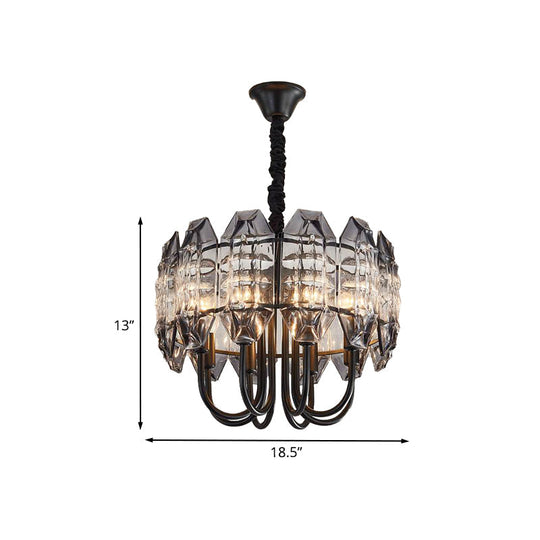 Nordic Black Drum Suspension Chandelier With Crystal Prisms - 8-Bulb Hanging Light For Bedrooms