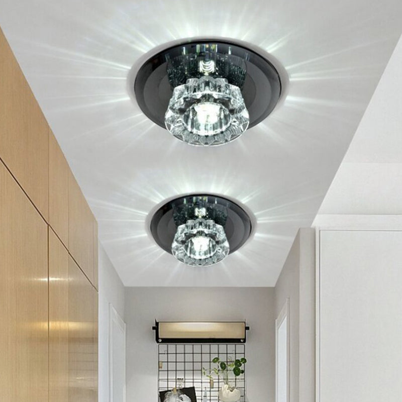 Black LED Flush-Mount Light Fixture with Faceted Glass Bowl - Sleek Ceiling Light