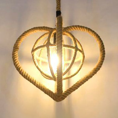 Lodge Heart Pendant Light With Inner Globe Shade - Brown 1 Head Manila Rope Hanging Lighting