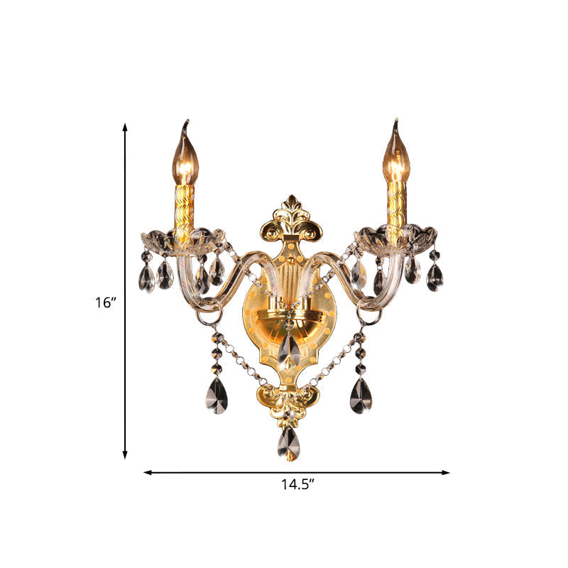 Minimalist Crystal Teardrop Wall Sconce - 2-Light Gold Candlestick Fixture