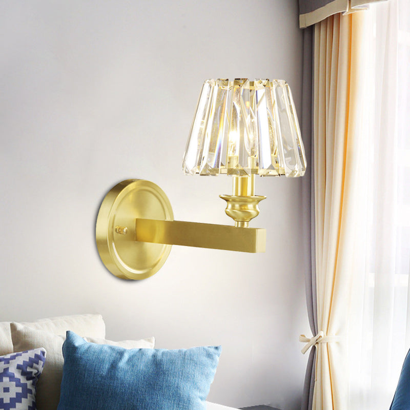 Contemporary Brass Tapered Sconce Light Fixture With Beveled Crystal Wall Mounted Lamp