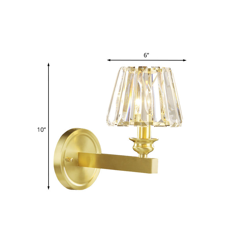 Contemporary Brass Tapered Sconce Light Fixture With Beveled Crystal Wall Mounted Lamp