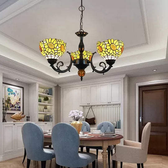 Multicolor Tiffany Style Chandelier for Dining Room: 6-Light Art Glass Pendant Ceiling Lamp with Adjustable Chain