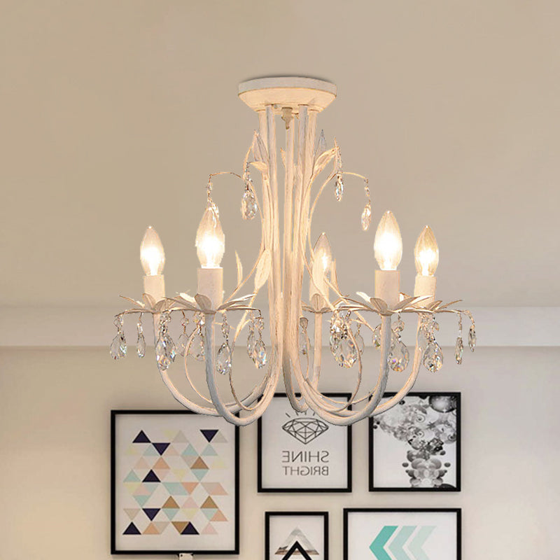 Contemporary Crystal Raindrop Candlestick Dining Room Semi Flush Light - 5 Lights White Ceiling