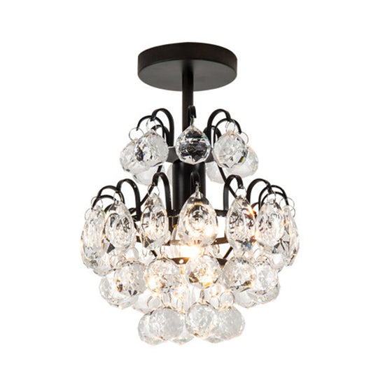 Semi Mount Crystal Droplet Close To Ceiling Light - Elegant 1-Bulb Tapered Design In Black