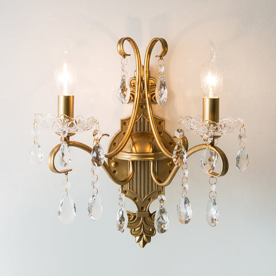 2-Bulb Traditional Gold Wall Light With Crystal Raindrop Draping