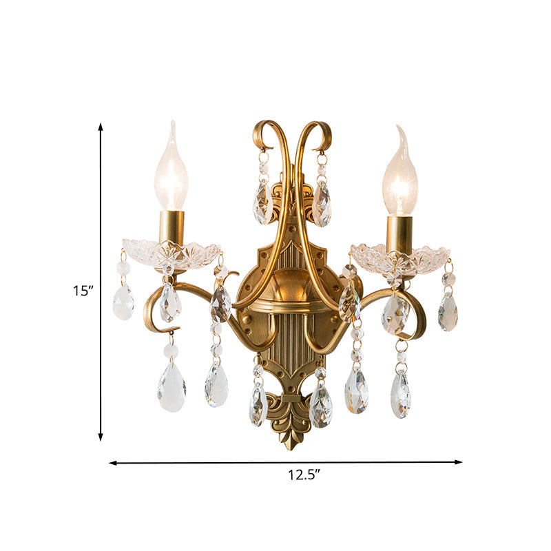 2-Bulb Traditional Gold Wall Light With Crystal Raindrop Draping