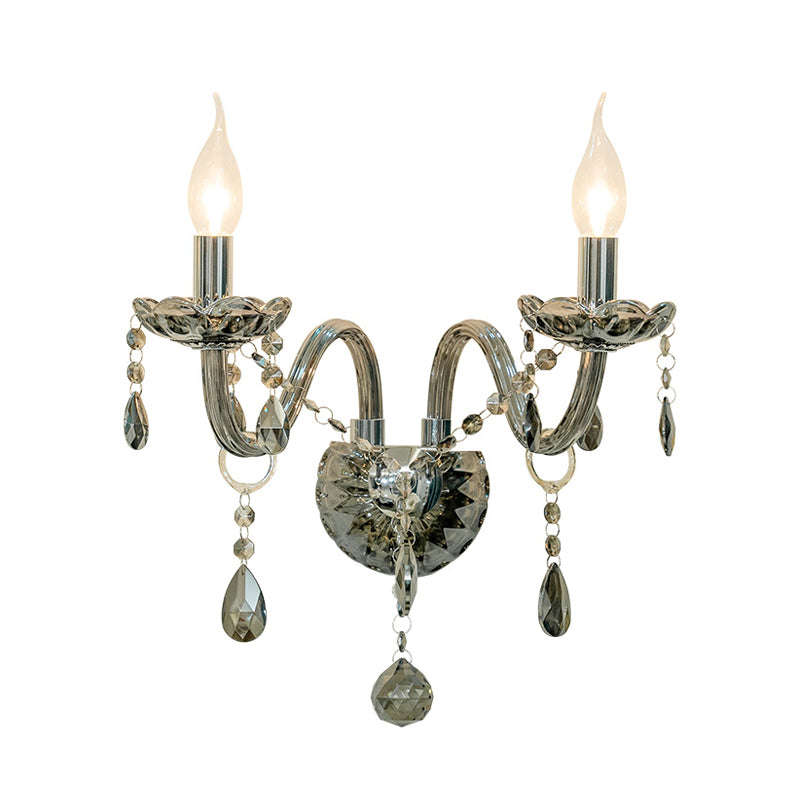 Smoke Grey Crystal Teardrop Wall Sconce Candlestick - Traditional 1/2-Bulb Light